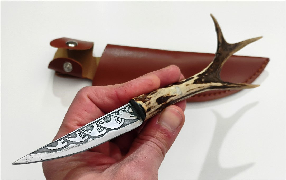 Custom Electro-Etched Knife with Deer Antler Handle