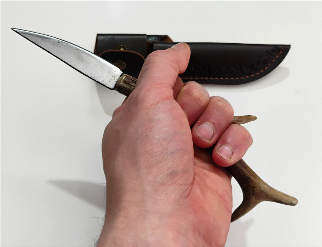 Custom Electro-Etched Knife with Deer Antler Handle