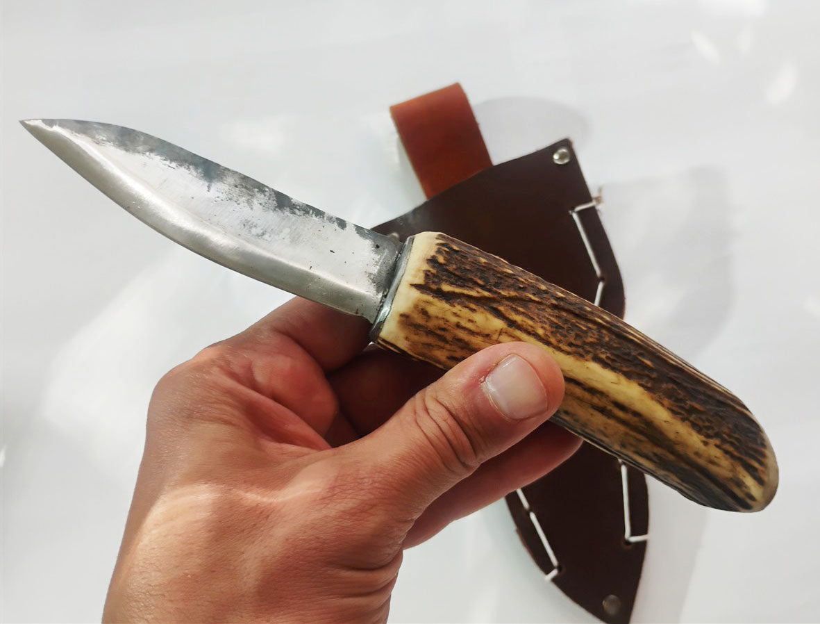 Custom Forged Knife with Deer Antler Handle & Leather Sheath