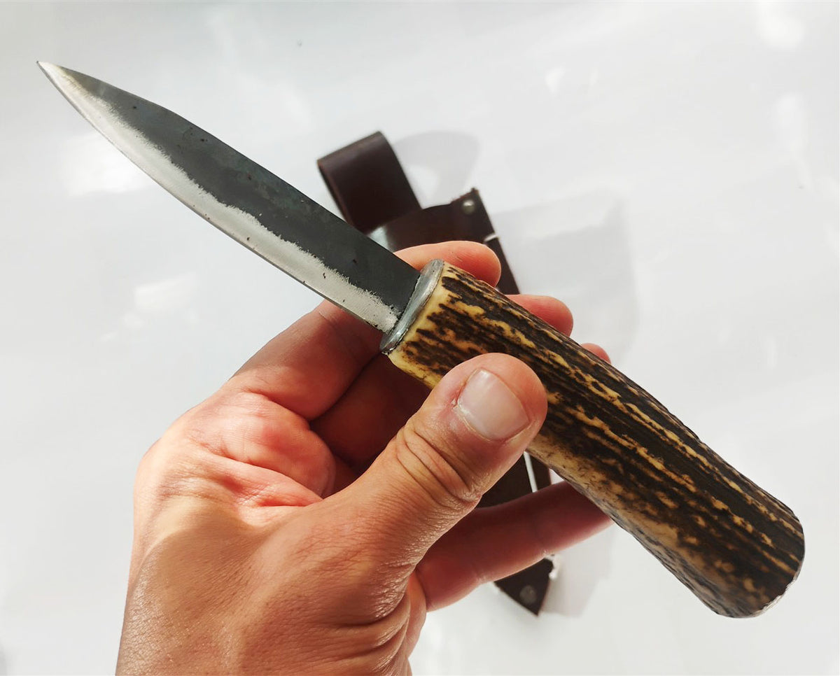 Custom Forged Knife with Deer Antler Handle & Leather Sheath