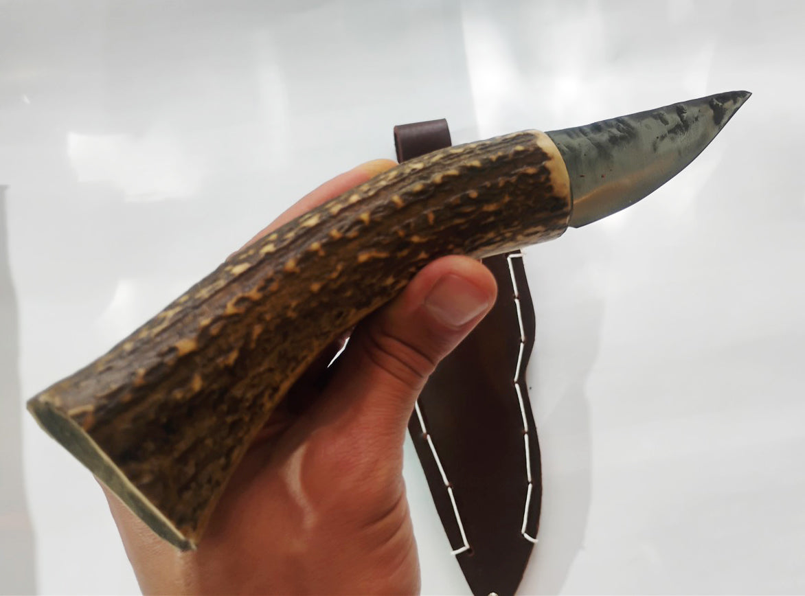 Custom Forged Knife with Deer Antler Handle & Leather Sheath