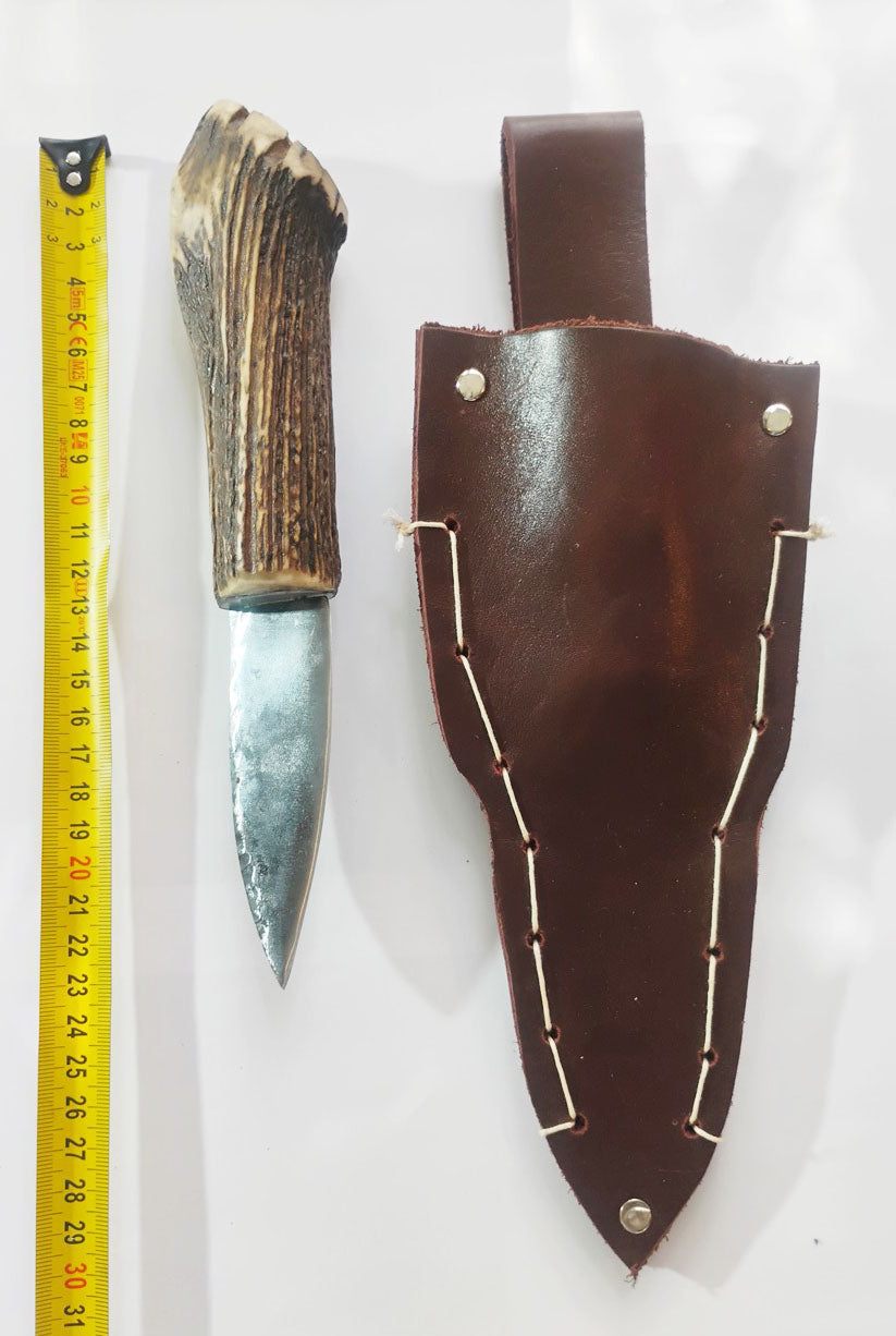 Custom Forged Knife with Deer Antler Handle & Leather Sheath