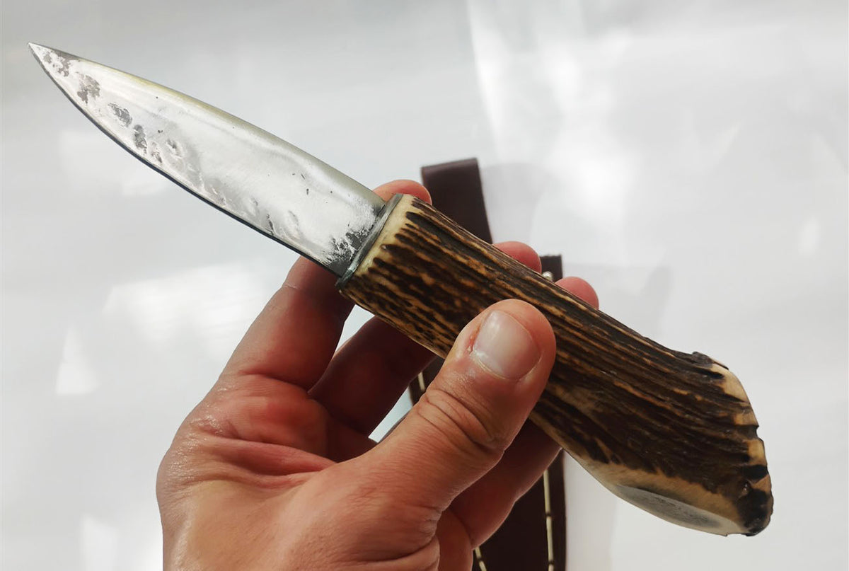 Custom Forged Knife with Deer Antler Handle & Leather Sheath