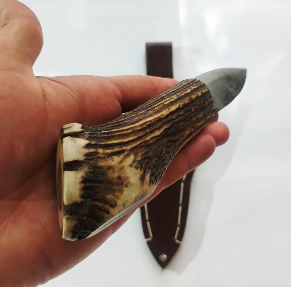 Custom Forged Knife with Deer Antler Handle & Leather Sheath