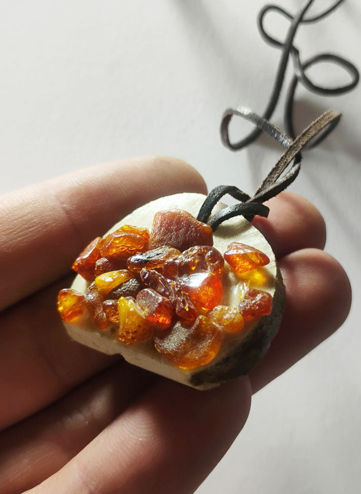 Baltic Amber & Deer Antler Slice Pendant