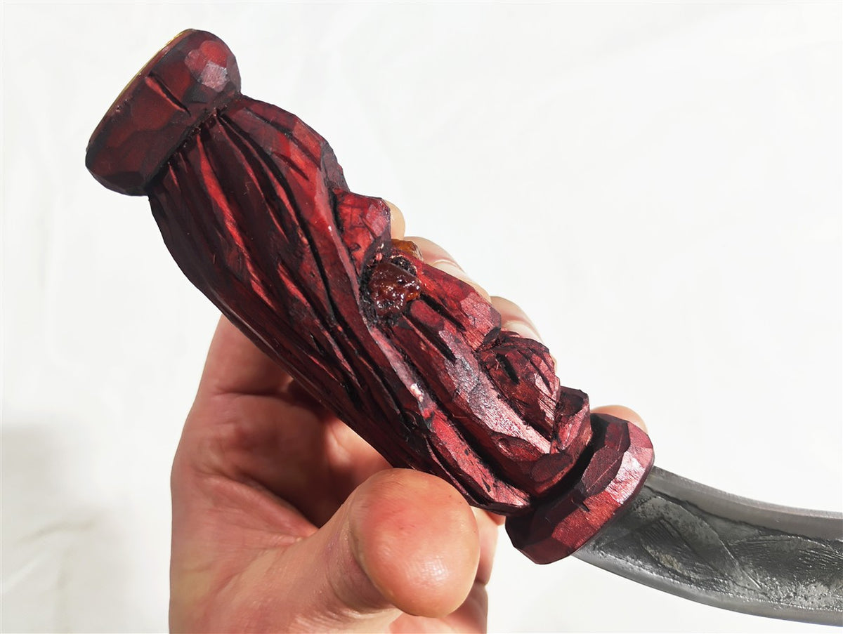 Custom Electro-Etched Knife with Carved Wooden Handle