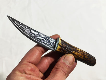 Custom Electro-Etched Knife with Deer Antler Handle