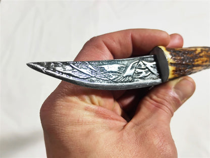 Custom Electro-Etched Knife with Deer Antler Handle