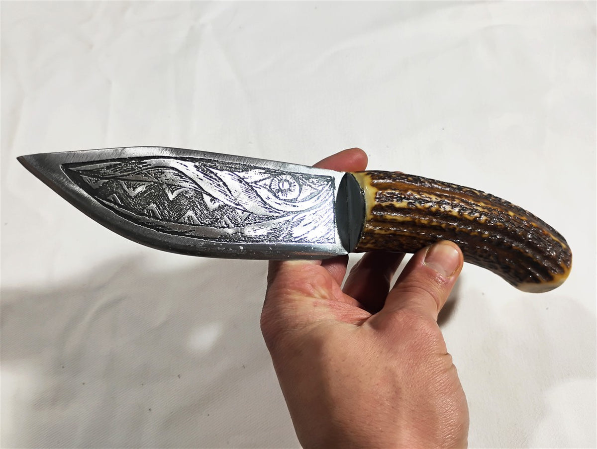 Custom Electro-Etched Knife with Deer Antler Handle