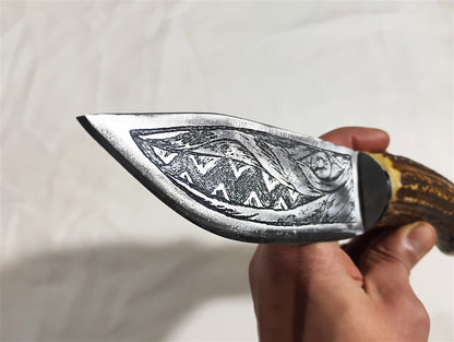Custom Electro-Etched Knife with Deer Antler Handle