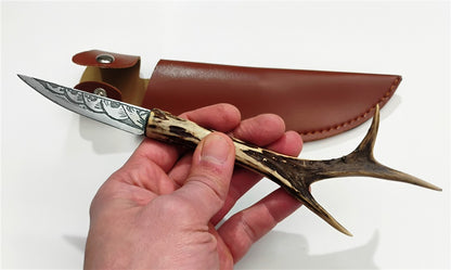 Custom Electro-Etched Knife with Deer Antler Handle