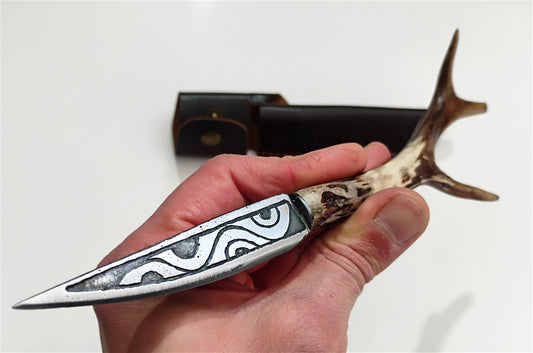 Custom Electro-Etched Knife with Deer Antler Handle