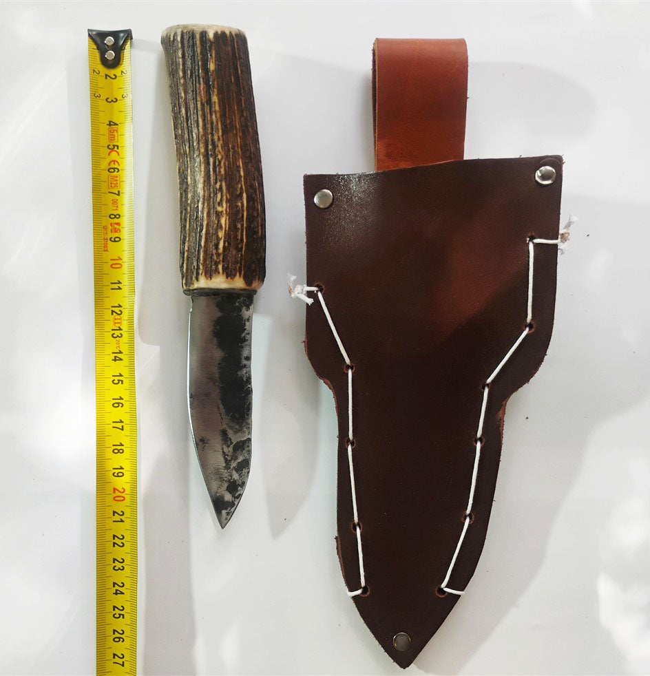 Custom Forged Knife with Deer Antler Handle & Leather Sheath