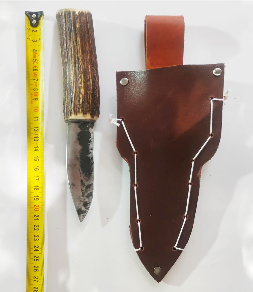 Custom Forged Knife with Deer Antler Handle & Leather Sheath