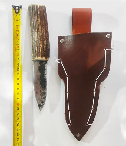 Custom Forged Knife with Deer Antler Handle & Leather Sheath