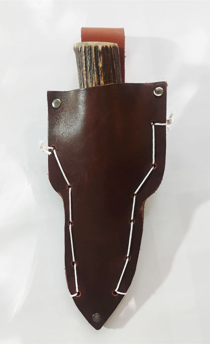 Custom Forged Knife with Deer Antler Handle & Leather Sheath