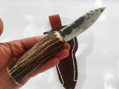 Custom Forged Knife with Deer Antler Handle & Leather Sheath