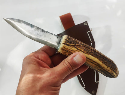 Custom Forged Knife with Deer Antler Handle & Leather Sheath