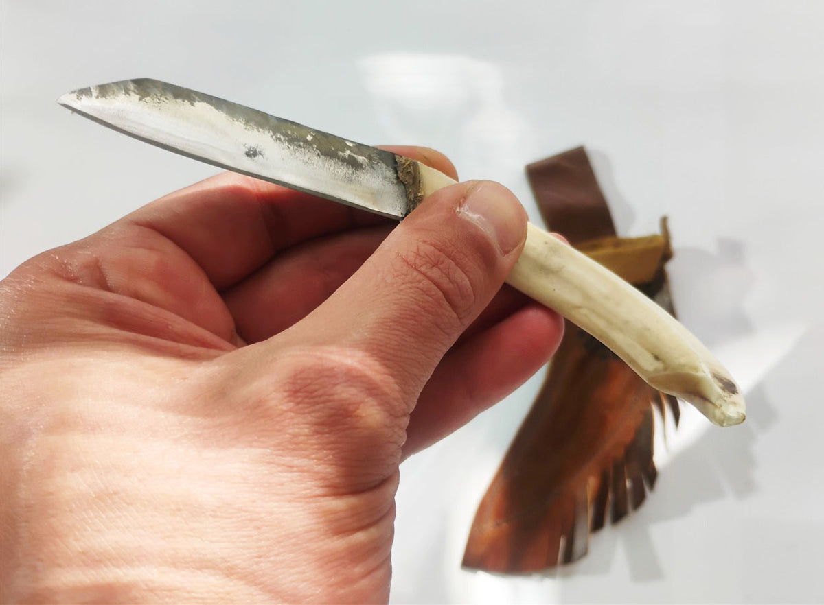 Forged Knife with Wild Boar Tusk Handle & Leather Sheath