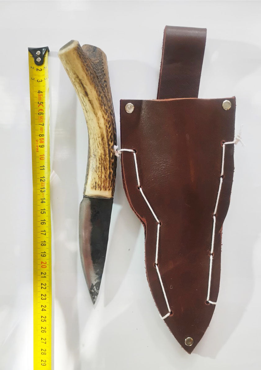 Custom Forged Knife with Deer Antler Handle & Leather Sheath