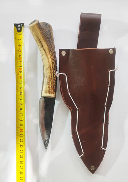 Custom Forged Knife with Deer Antler Handle & Leather Sheath