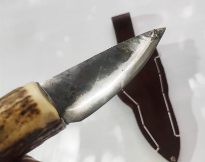 Custom Forged Knife with Deer Antler Handle & Leather Sheath