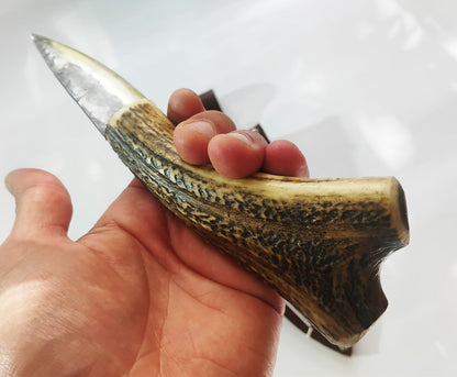 Custom Forged Knife with Deer Antler Handle & Leather Sheath