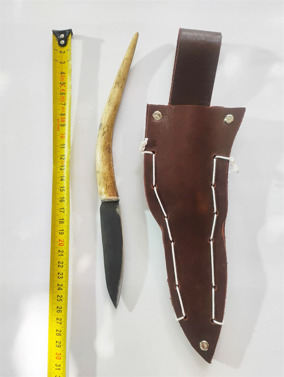 Custom Forged Knife with Deer Antler Handle & Leather Sheath