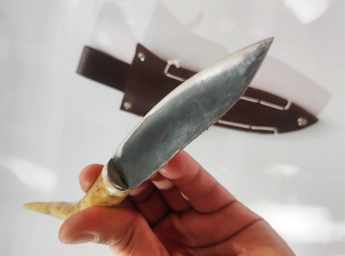 Custom Forged Knife with Deer Antler Handle & Leather Sheath