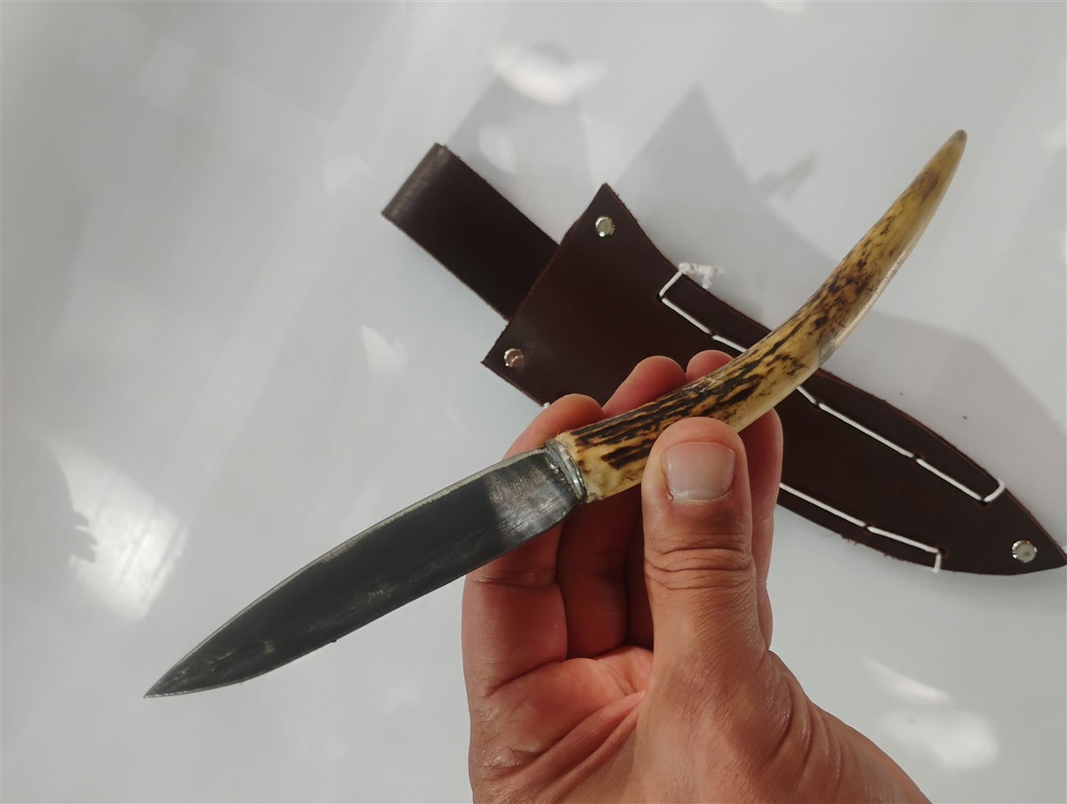 Custom Forged Knife with Deer Antler Handle & Leather Sheath