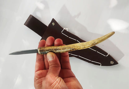 Custom Forged Knife with Deer Antler Handle & Leather Sheath
