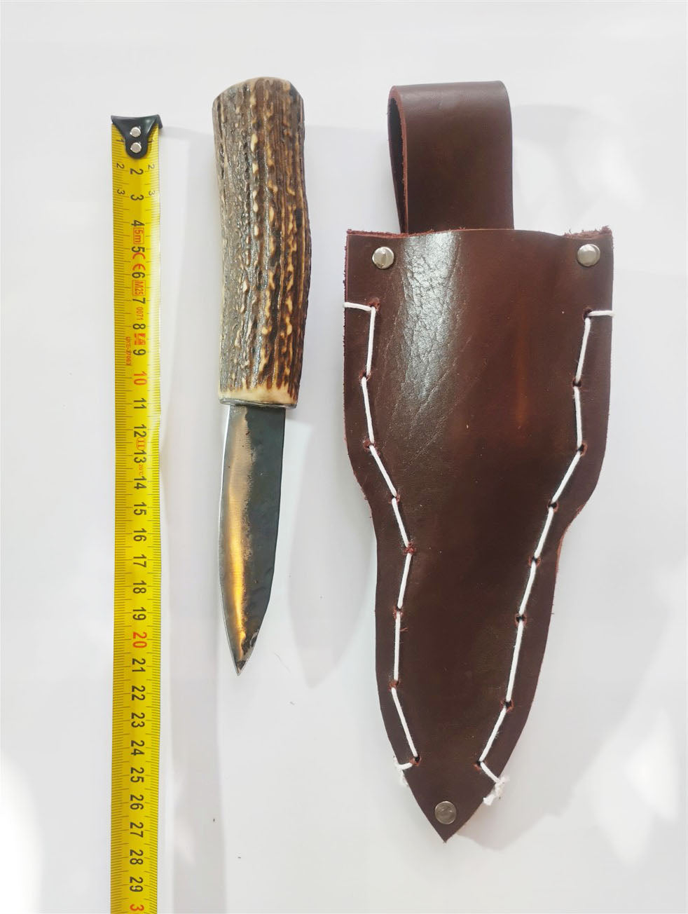 Custom Forged Knife with Deer Antler Handle & Leather Sheath