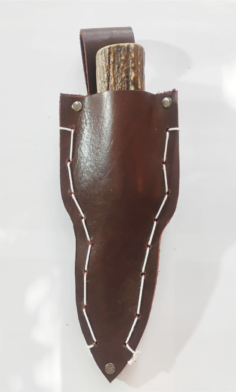 Custom Forged Knife with Deer Antler Handle & Leather Sheath