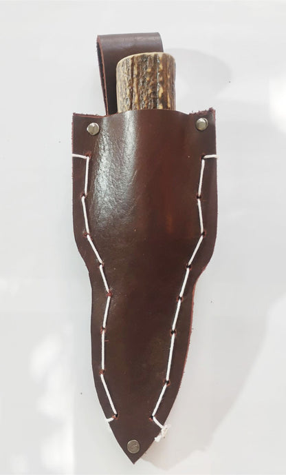 Custom Forged Knife with Deer Antler Handle & Leather Sheath