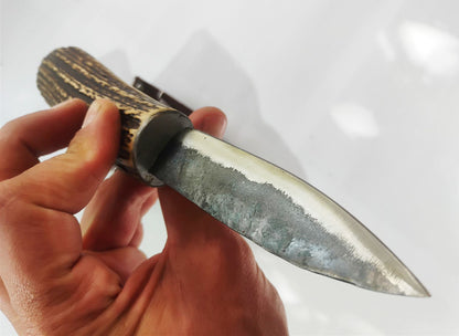 Custom Forged Knife with Deer Antler Handle & Leather Sheath