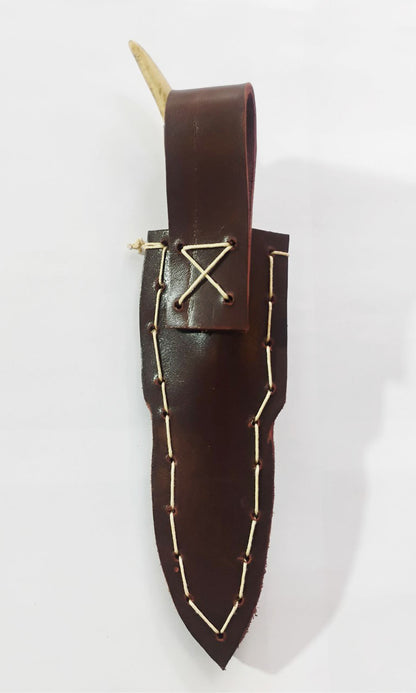 nozCustom Forged Knife with Deer Antler Handle & Leather Sheath