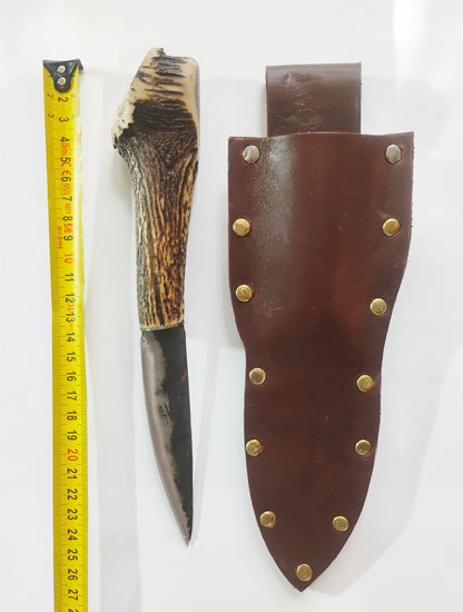 Custom Forged Knife with Deer Antler Handle & Leather Sheath
