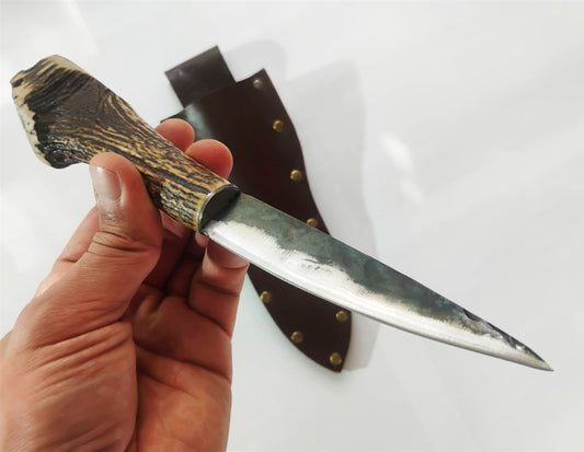 Custom Forged Knife with Deer Antler Handle & Leather Sheath