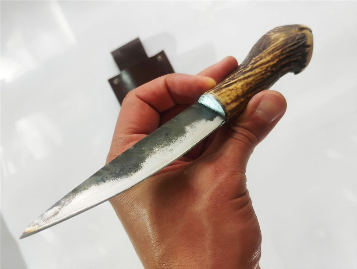 Custom Forged Knife with Deer Antler Handle & Leather Sheath