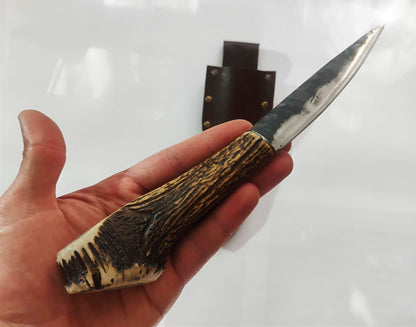 Custom Forged Knife with Deer Antler Handle & Leather Sheath