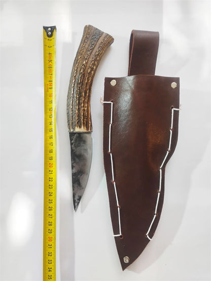 Custom Forged Knife with Deer Antler Handle & Leather Sheath