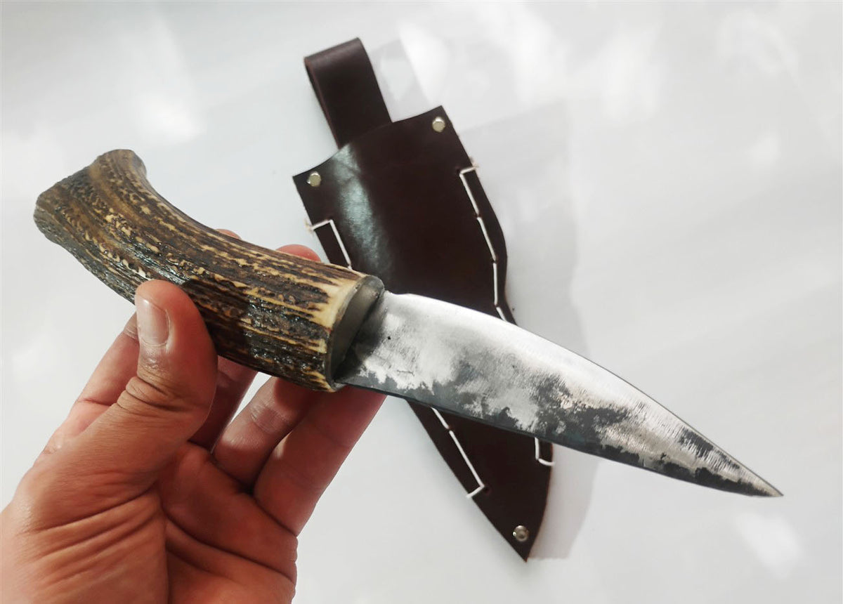 Custom Forged Knife with Deer Antler Handle & Leather Sheath