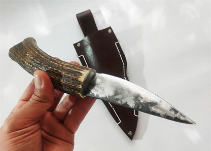 Custom Forged Knife with Deer Antler Handle & Leather Sheath