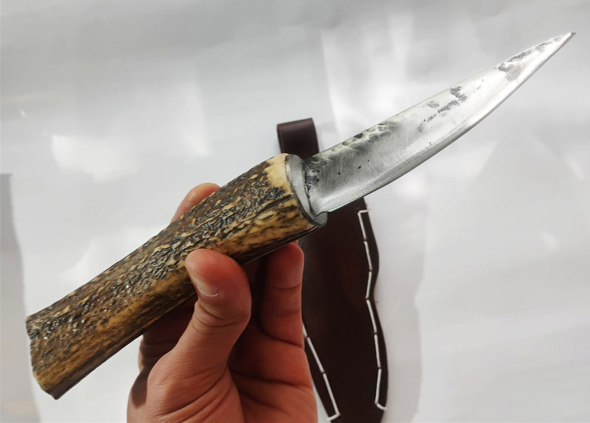 Custom Forged Knife with Deer Antler Handle & Leather Sheath