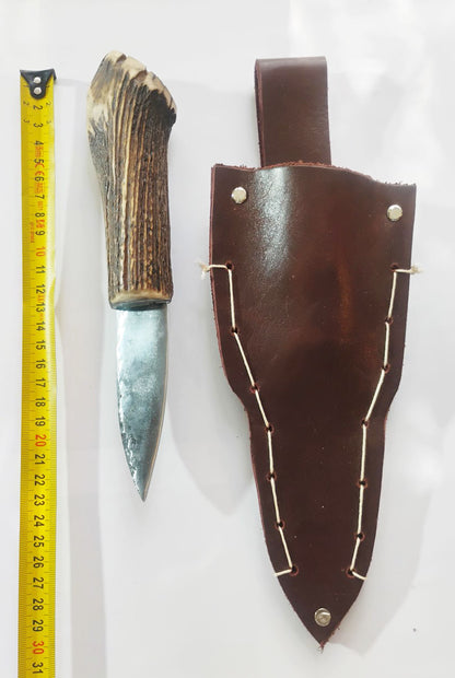 Custom Forged Knife with Deer Antler Handle & Leather Sheath