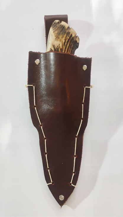 Custom Forged Knife with Deer Antler Handle & Leather Sheath