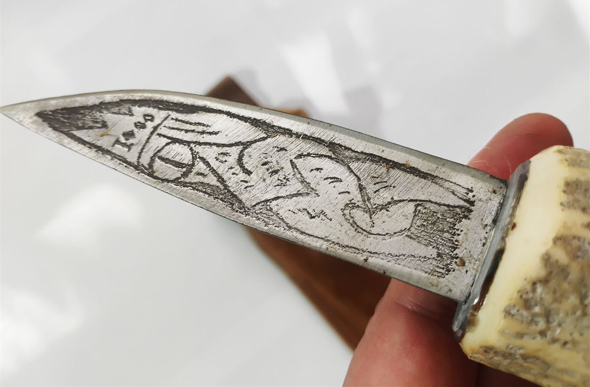 Custom Electro-Etched Knife with Deer Antler Handle