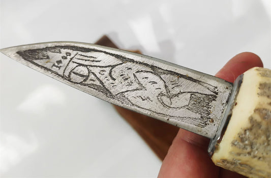 Custom Electro-Etched Knife with Deer Antler Handle