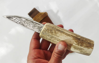 Custom Electro-Etched Knife with Deer Antler Handle