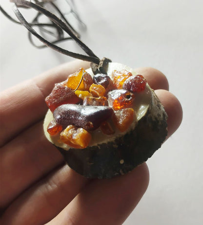 Baltic Amber &amp; Deer Antler Slice Pendant